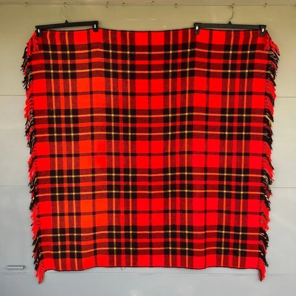 VTG Red Plaid Wool Blend Blanket Throw Fringed 54x54 Camp Picnic Stadium